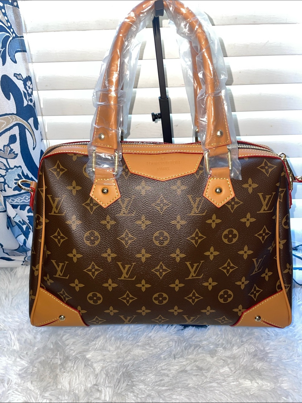 NEW LV Brown Monogram Canvas Satchel with Tan Trim